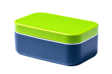 Rectangular container, green lid, blue body, white trim, rounded corners