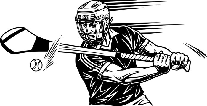 Dynamic Hurling Player Illustration: Black and White Action Wood
