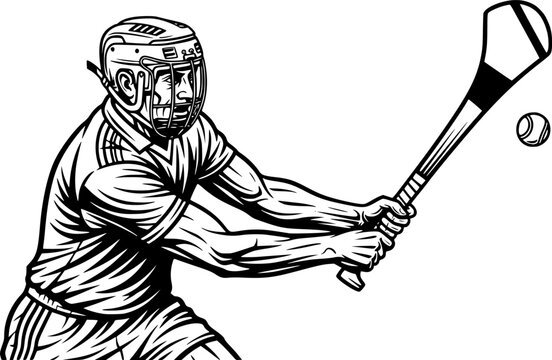 Dynamic Hurling Player Illustration: Black and White Action Wood
