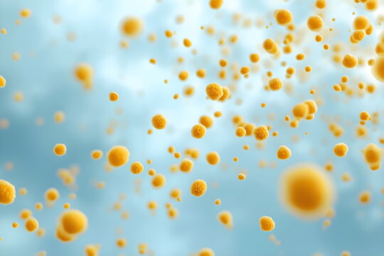 Microscopic view of yellow biological cells or particles on blue background