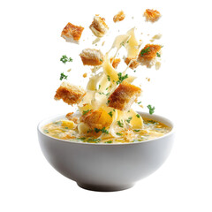 Pasta and croutons levitate over a bowl of cream soup