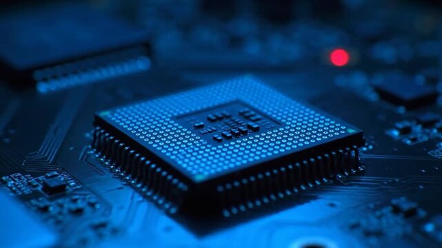 A detailed macro shot of a CPU with multiple pin connectors on a computer motherboard