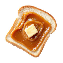 Toast topped with caramel spread and a pat of butter on a black background