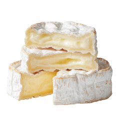Stacked wheels of bloomy rind cheese, cut to reveal creamy interior