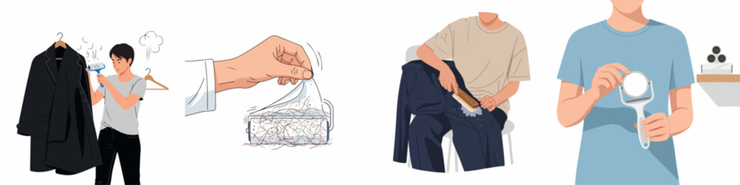 Garment care steps and tools illustration set: removing lint, fuzz, and pet hair from clothes using rollers, brushes, and fabric shavers.