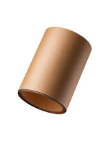 Tilted, cylindrical brown cardboard tube, seen from an angle, black background