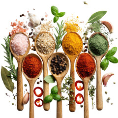 Spices in wooden spoons with herbs, garlic, and chili on black background