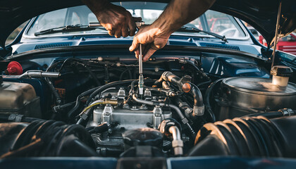 Mechanic working on car engine with wrench.