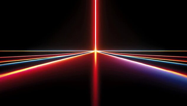 a beam of colorful light shines on the black background, with three long and thin beams there's a red line of light shining down from top to bottom Generative AI