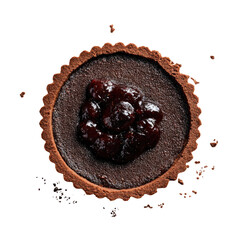 Chocolate tart with a dark cherry topping, presented against a dark background