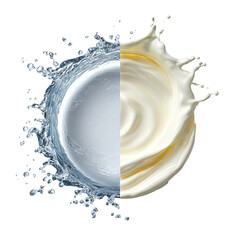 Half water splash, half creamy swirl, joined at center; dark background