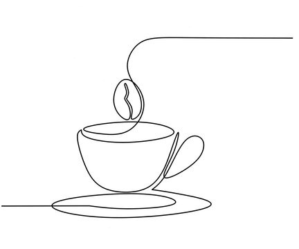 Coffe cup with bean continuous line vector,cup coffe bean line drawing vector on white background,coffe bean on cup outline design image,coffe on cup linear drawing vector 