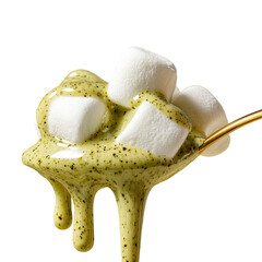 Spoonful of white marshmallows dripping with a grainy, light green sauce