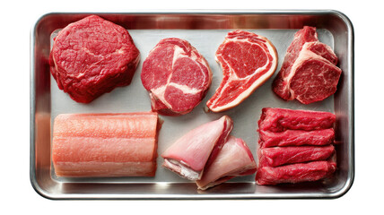 Raw meat selection beef cuts & fish fillets on silver tray, viewed from directly above
