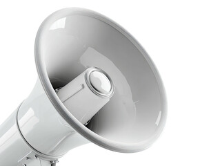 White megaphone angled left on black background, glossy finish, smooth, modern