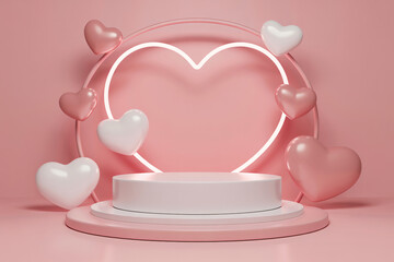 Minimalist pink presentation podium display surrounded by floating glossy hearts and neon light for romance.
