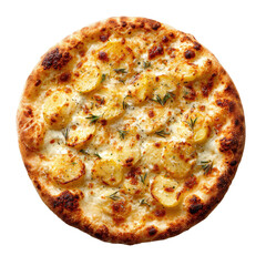 Round pizza topped with sliced potatoes, cheese, and herbs on a black background
