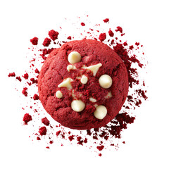 Red velvet cookie with white chips on a bed of red crumbs, top view