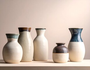 Five handcrafted ceramic vases of varying shapes and muted color tones