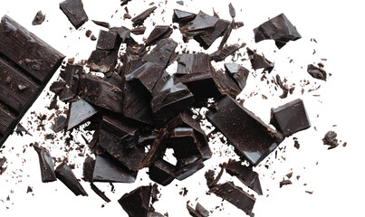 Broken dark chocolate shards and blocks scattered on a black surface
