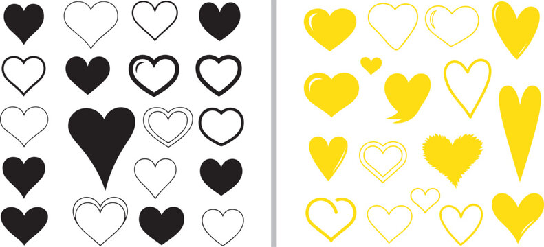 A diverse collection of hand-drawn heart vectors featuring solid black silhouettes and cheerful yellow line art. Styles range from minimalist outlines and glossy shapes to elongated and playful doodle