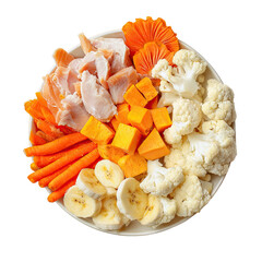 Colorful array of healthy fresh food chicken, carrots, pumpkin, cauliflower, banana