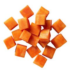 Pile of diced, vibrant orange carrots isolated against a dark background