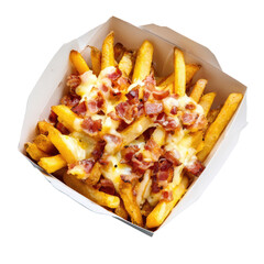 Fries with melted cheese and bacon bits in a white cardboard container