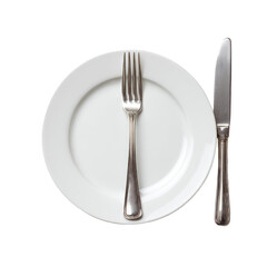 Simple elegant place setting white plate, silver fork & knife on black