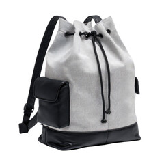Light grey fabric drawstring rucksack with black leather base & pocket on dark background