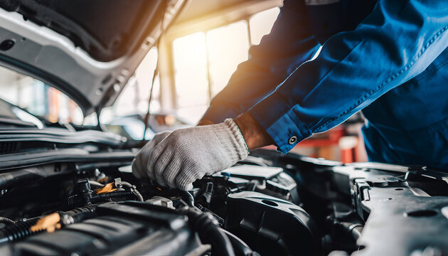 Mechanic working on car engine in auto repair shop.
