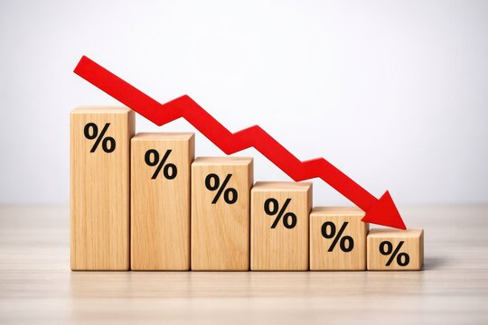 Market Decline: A visual representation of a financial downturn with wooden blocks depicting a percentage drop, and a red arrow pointing downwards, conveying a sense of instability.