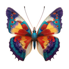 Colorful butterfly, detailed wings, various patterned segments, isolated on black
