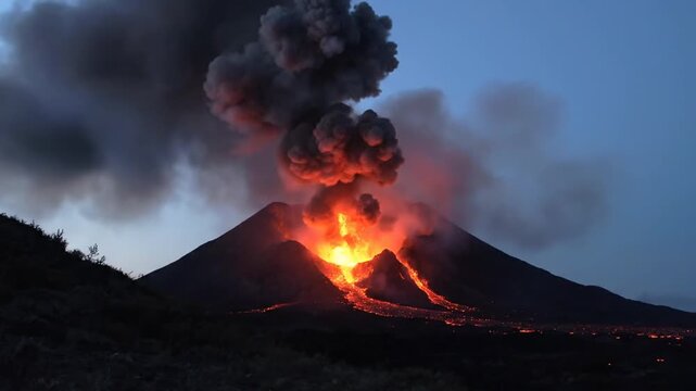 Volcanic eruption at dusk with fiery lava and smoke from a mountain