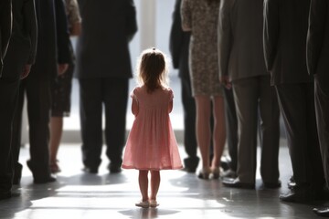 Obraz premium Child Standing Alone Among Adults in Long Public Line at an Event