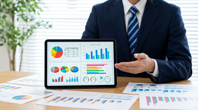 Executive presenting detailed financial reports and performance metrics using a tablet with multiple charts and graphs for business review.