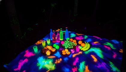 Mesmerizing nighttime event with a radiant table spread, offering glowing drinks and fresh produce, creating a unique and vibrant psychedelic ambiance under blacklight