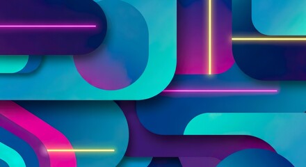 Abstract Geometric Shapes with Neon Lights in Blue and Purple Tones - Modern Digital Art Background