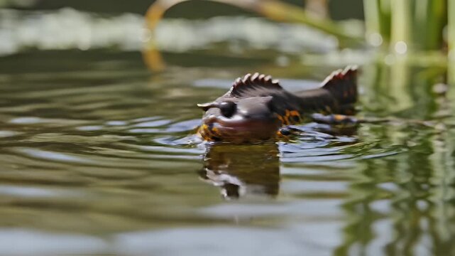 Aquatic newt swimming in rippling water