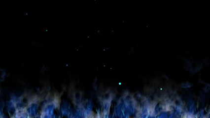 青い炎が燃え火の粉が舞う背景