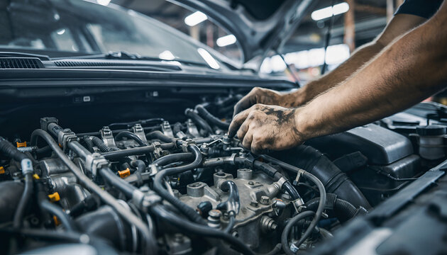 Mechanic Working on Car Engine in Auto Repair Shop Close-up.
