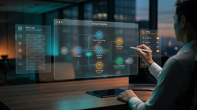 Man interacting with a detailed AI agent workflow on a transparent screen, showing machine learning, decision engine, and risk gauges, representing complex AI system management.