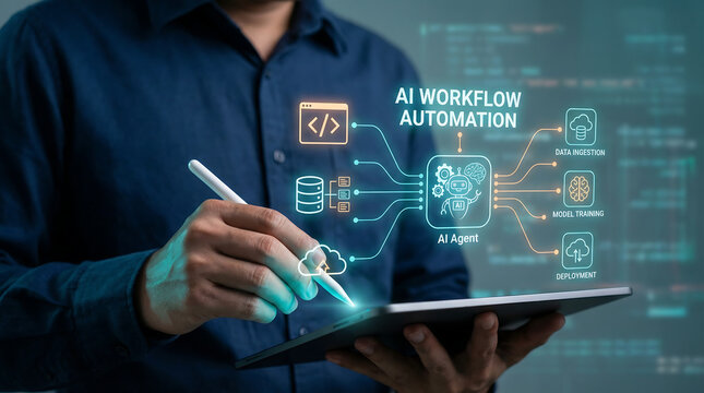 Person using a tablet with AI Workflow Automation interface, featuring AI agent, data ingestion, model training, and deployment icons.