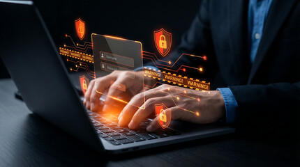 Man accessing laptop with glowing cybersecurity login screen, warning icons and digital shields © merabbi