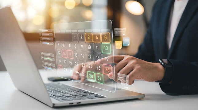 Man organizing schedule on futuristic digital calendar interface on laptop, planning tasks and appointments