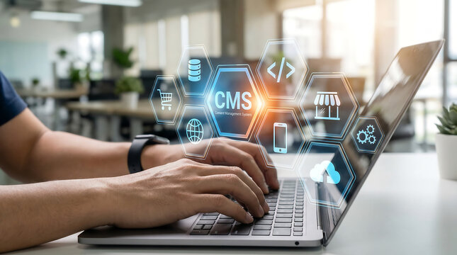 Typing on laptop with glowing CMS Content Management System icons and network connections