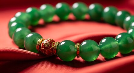 Jade Green Bead Bracelet with Gold Accent on Red Fabric