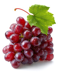 Fresh bunch of red grapes with green leaf isolated on white background