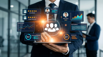 Obraz premium Businessman holding a tablet displaying customer relationship management (CRM) interface with user profiles and satisfaction metrics