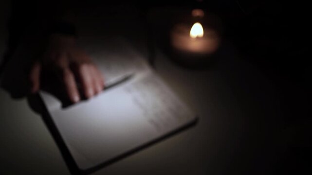 Writing Notes in Notebook by Candlelight for Self-Reflection During Depression